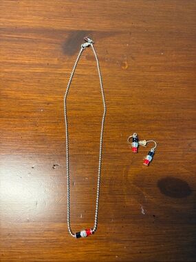 Tommy Girl Silver Necklace & Earring Set with Red, Black, and White Bead Accents